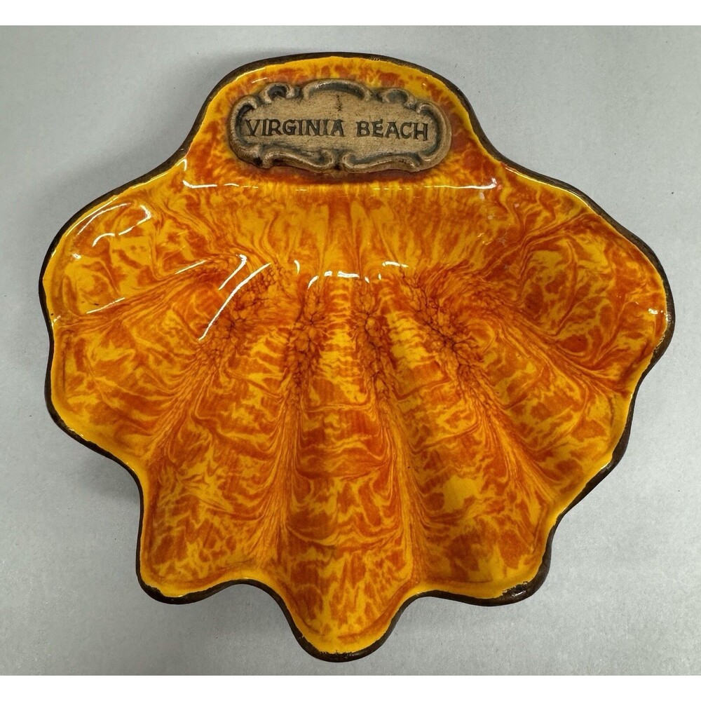 Vtg Treasure Craft Shell Ashtray Virginia Beach Souvenir Trinket Dish Orange